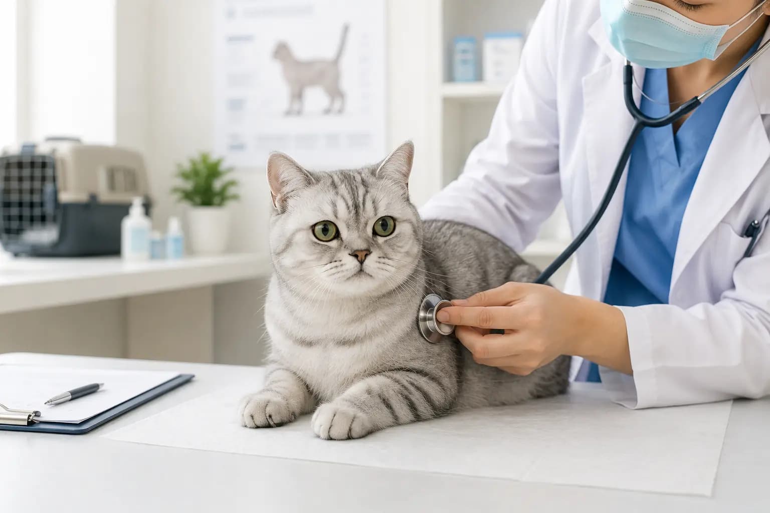 Một chú mèo bình tĩnh nghỉ trong nhà trước buổi khám thú y