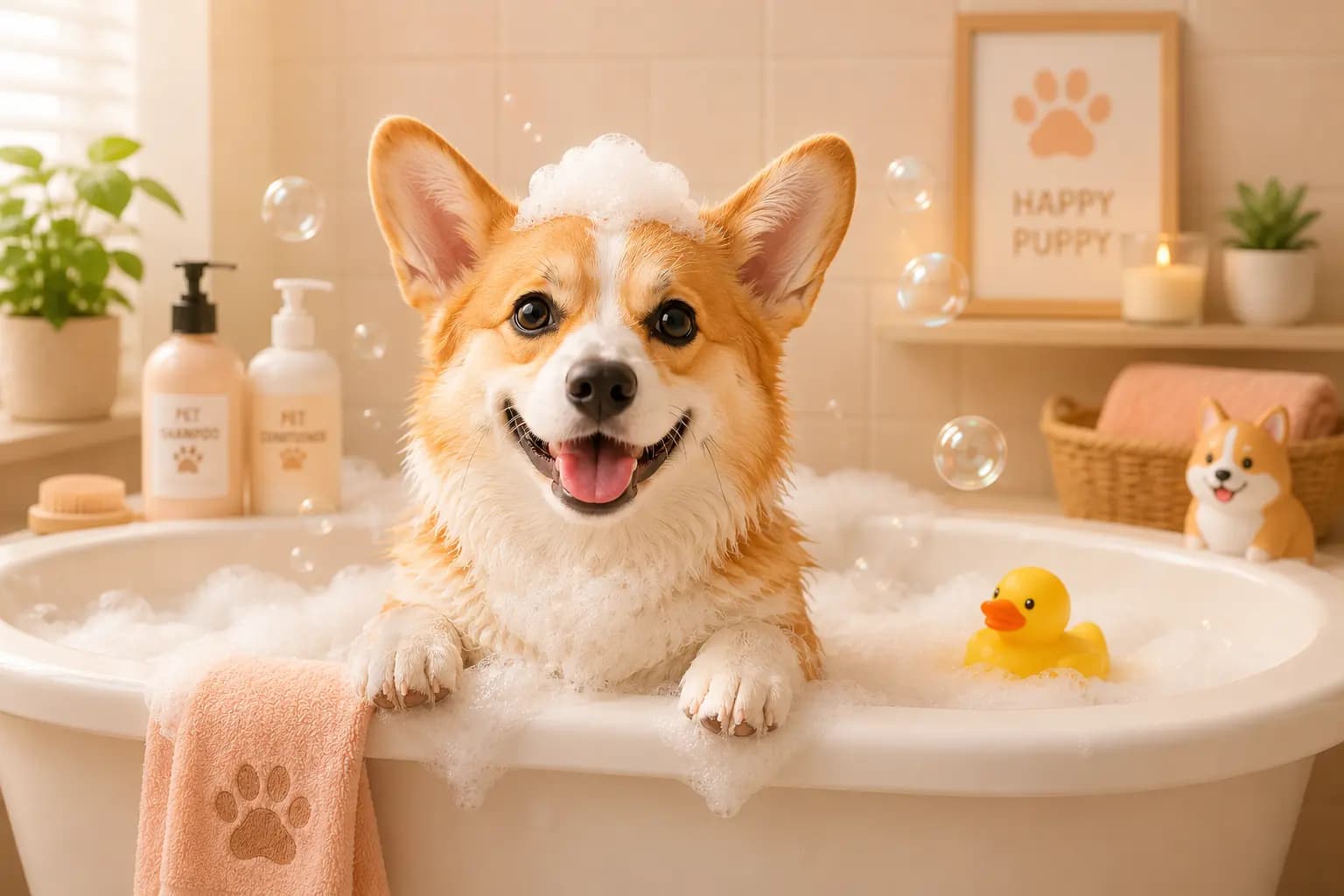 Một chú corgi vui vẻ với bộ lông sạch và bóng sau khi chăm sóc
