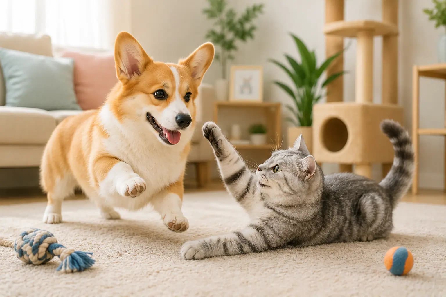 Two pets playing gently together during a first home introduction
